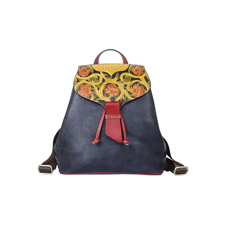 Women's Vintage First Layer Cowhide Embossed Personalized Backpacks