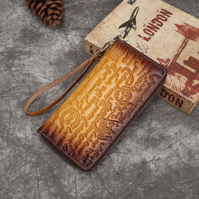 Women's Vintage Hand-held First Layer Cowhide Embossed Ladies Wallets