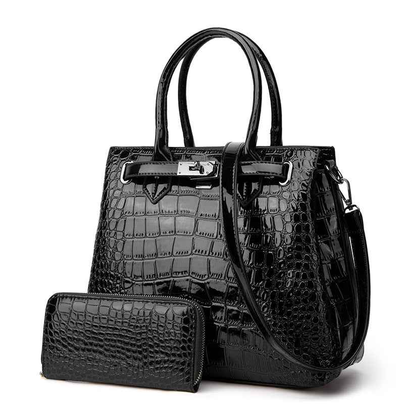 Women's Crocodile Pattern Patent Leather Two-piece Portable Handbags
