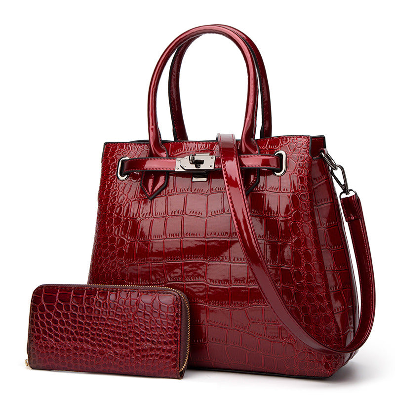 Women's Crocodile Pattern Patent Leather Two-piece Portable Handbags