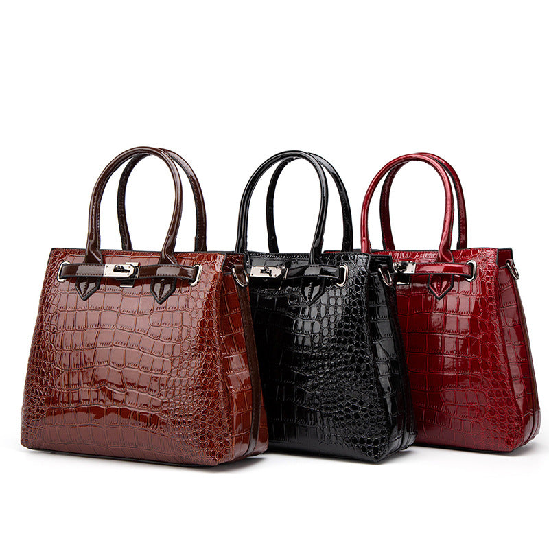 Women's Crocodile Pattern Patent Leather Two-piece Portable Handbags