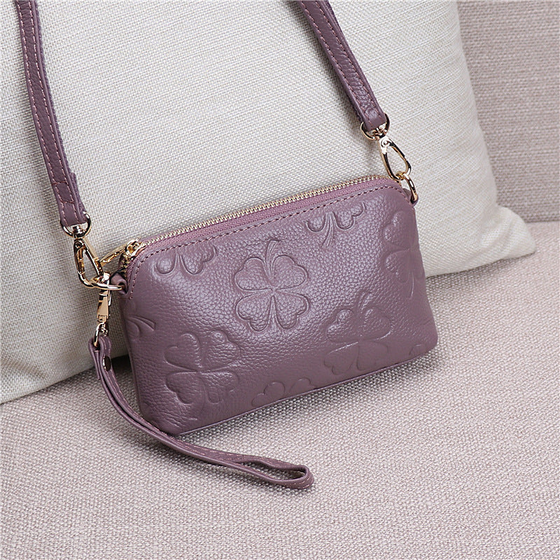 Women's Four-leaf Clutch First Layer Cowhide Embossed Bags