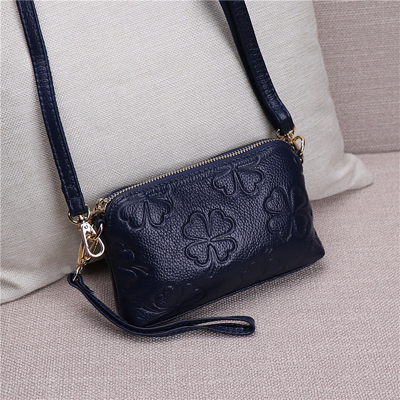 Women's Four-leaf Clutch First Layer Cowhide Embossed Bags