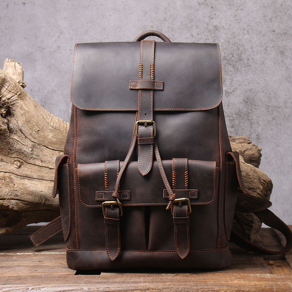 Men's Retro Handmade Crazy Horse Leather Large Backpacks