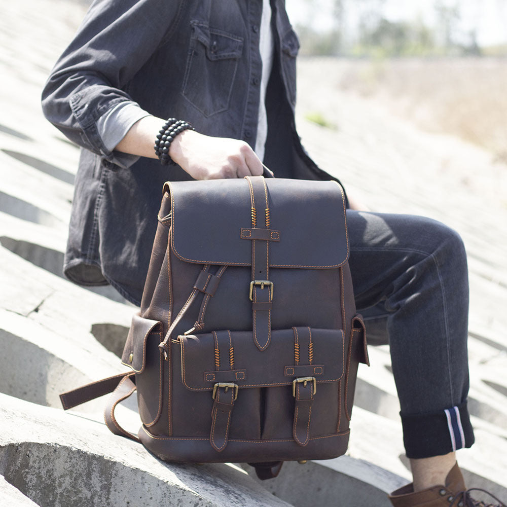 Men's Retro Handmade Crazy Horse Leather Large Backpacks