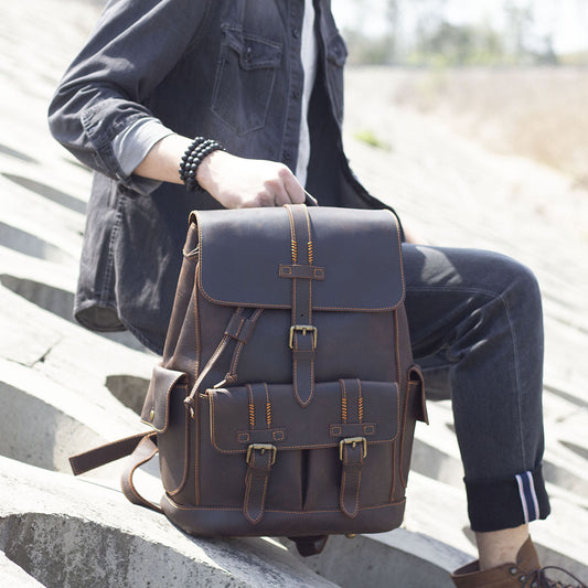 Men's Retro Handmade Crazy Horse Leather Large Backpacks