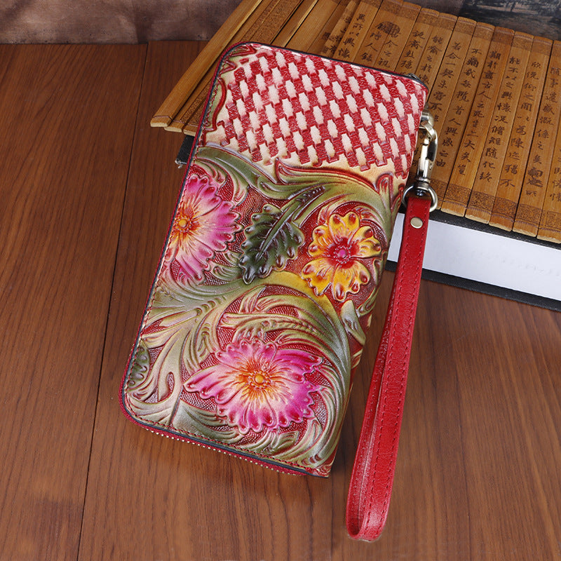 Women's First Layer Cowhide Handmade Leather Carving Ladies Wallets