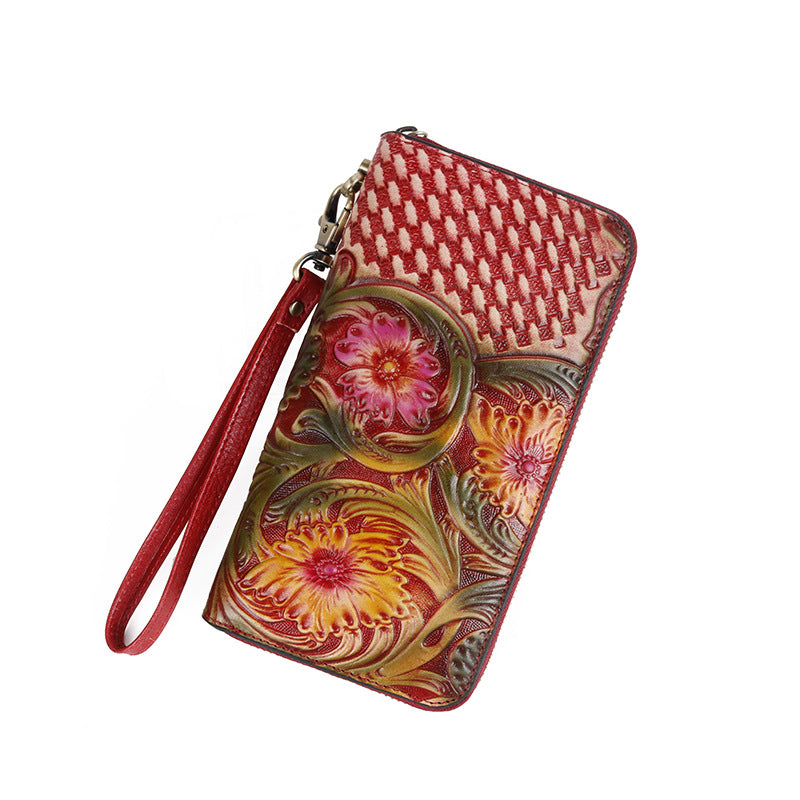 Women's First Layer Cowhide Handmade Leather Carving Ladies Wallets