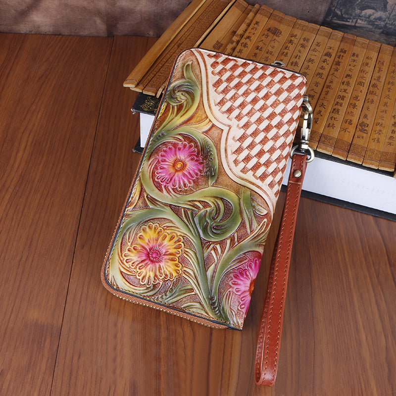 Women's Genuine Leather Vintage Carving Cowhide Multiple Ladies Wallets