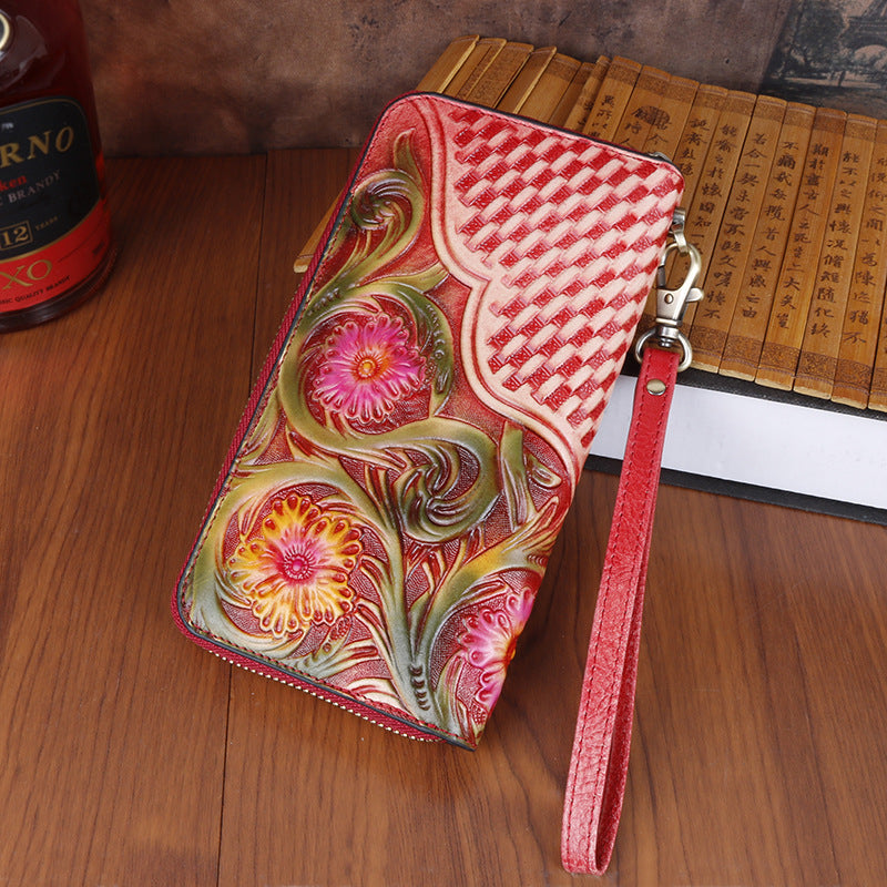 Women's Genuine Leather Vintage Carving Cowhide Multiple Ladies Wallets
