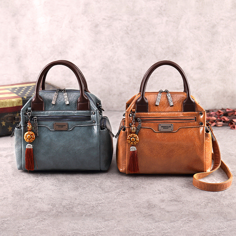Women's Retro Fashion Oil Waxed Leather Contrast Handbags