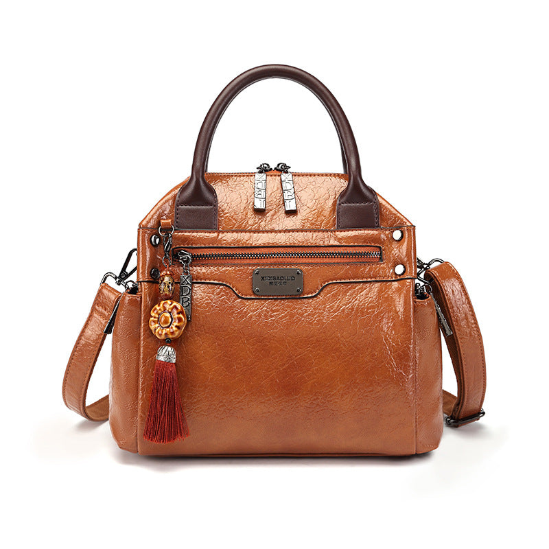Women's Retro Fashion Oil Waxed Leather Contrast Handbags