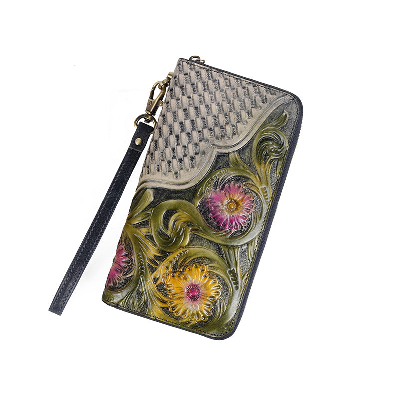 Women's Genuine Leather Vintage Carving Cowhide Multiple Ladies Wallets