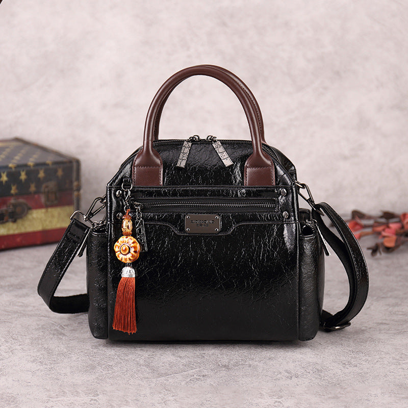 Women's Retro Fashion Oil Waxed Leather Contrast Handbags