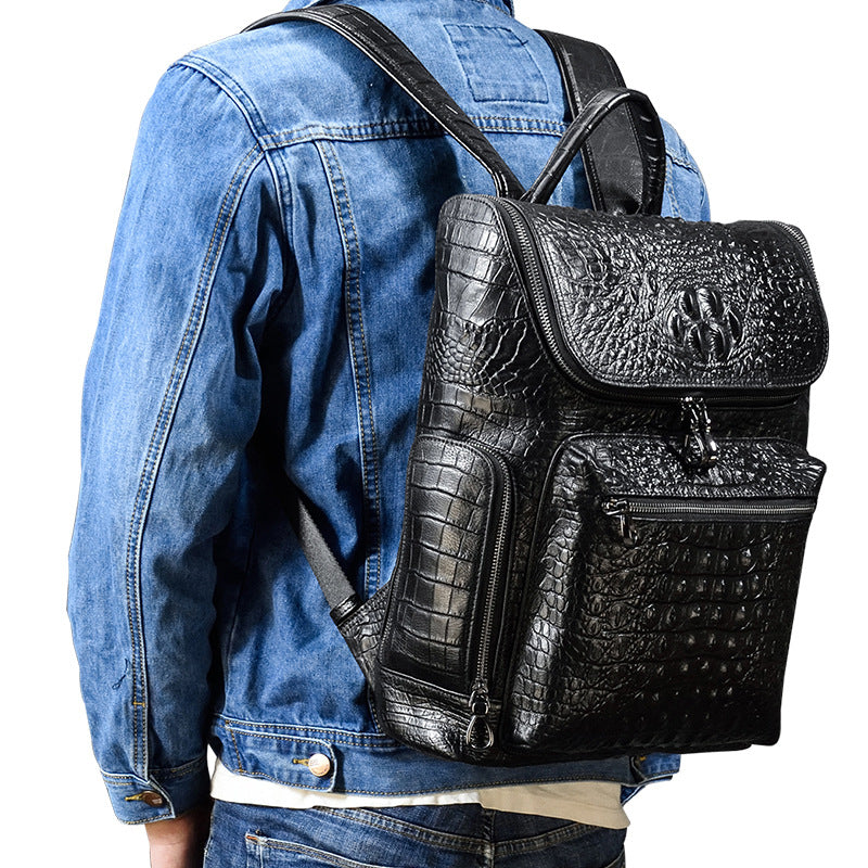 Men's Crocodile Pattern Leather First Layer Cowhide Black Backpacks