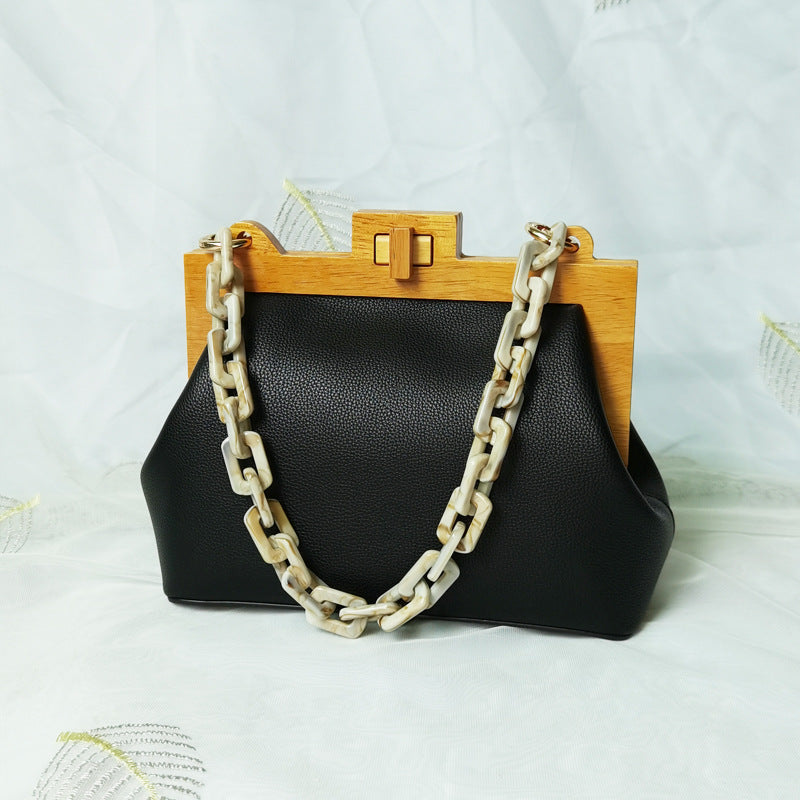 Women's Fashion Underarm Niche Wood Clip Chain Crossbody Bags