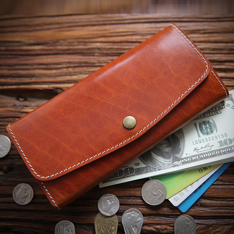 Women's & Men's Handmade Retro Long Leather First Layer Cowhide Clutch Men's Wallets