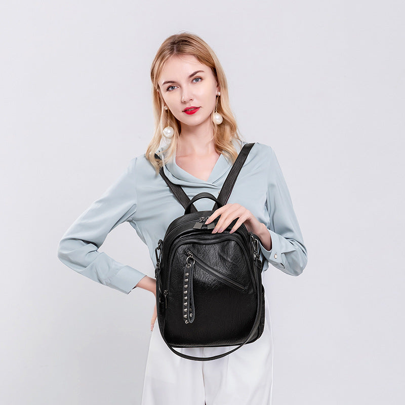 Women's Soft Leather Korean Simple Fashion Large Backpacks