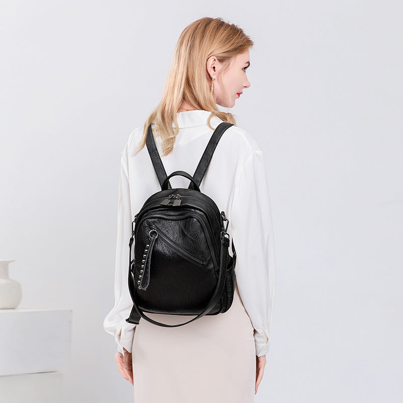 Women's Soft Leather Korean Simple Fashion Large Backpacks