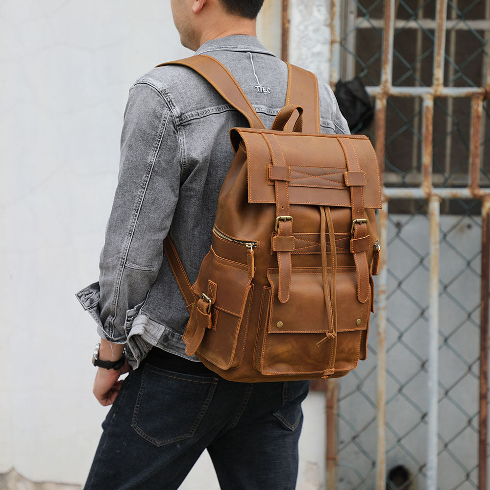 Men's Crazy Horse Leather Retro First Layer Backpacks
