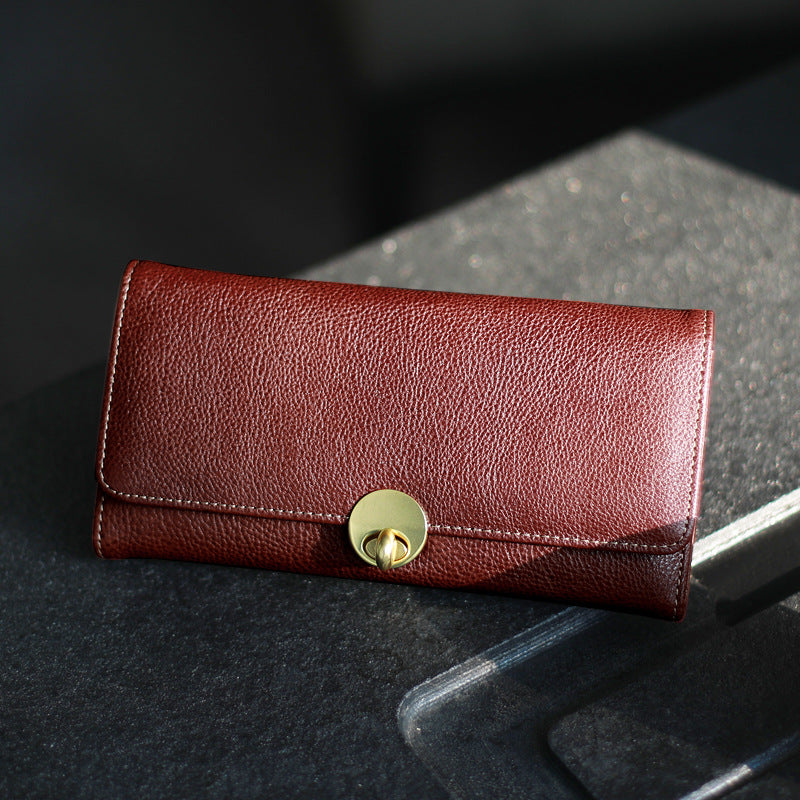 Women's Long Thin First Layer Cowhide Simple Lock