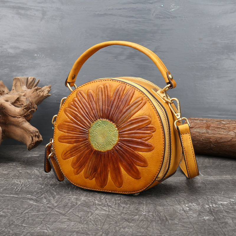 Women's Niche Genuine Leather Retro National Style Round Shoulder Bags