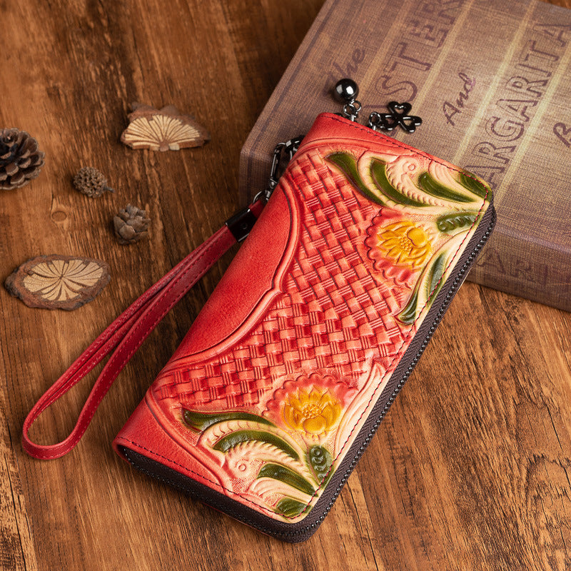 Women's Leather Mid-length Clutch Handmade Embossed Retro Ladies Wallets