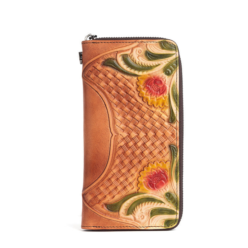 Women's Leather Mid-length Clutch Handmade Embossed Retro Ladies Wallets