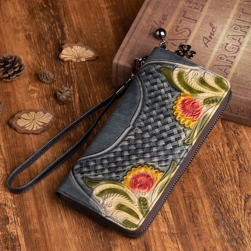 Women's Leather Mid-length Clutch Handmade Embossed Retro Ladies Wallets