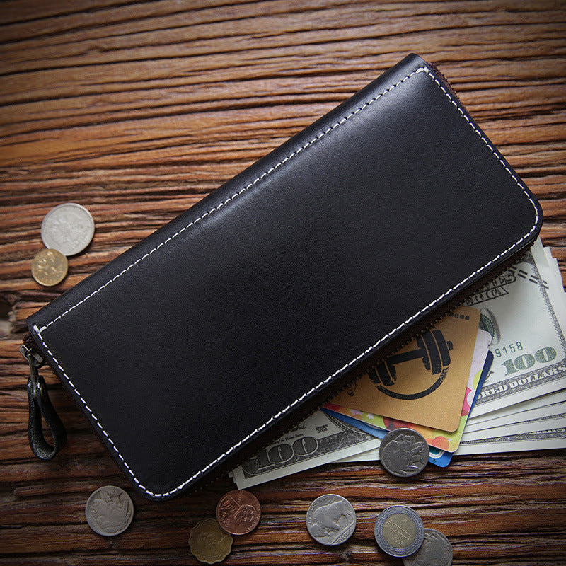 Women's & Men's Handmade Retro Long Genuine Leather Zipper First Layer Men's Wallets