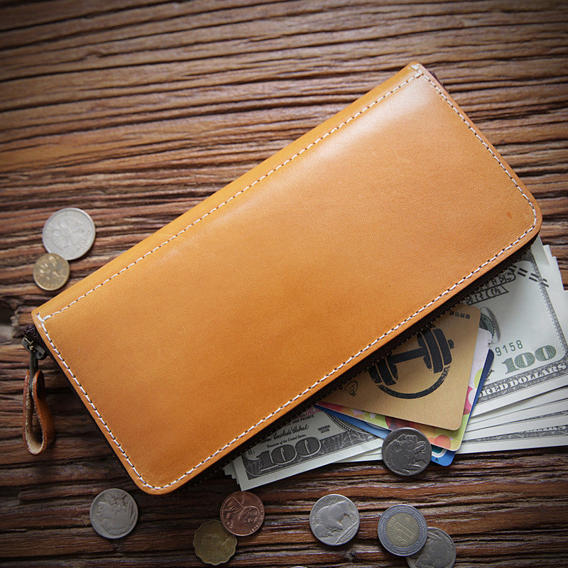 Women's & Men's Handmade Retro Long Genuine Leather Zipper First Layer Men's Wallets