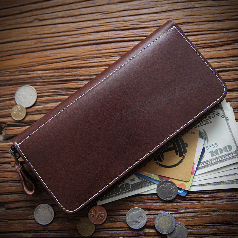 Women's & Men's Handmade Retro Long Genuine Leather Zipper First Layer Men's Wallets