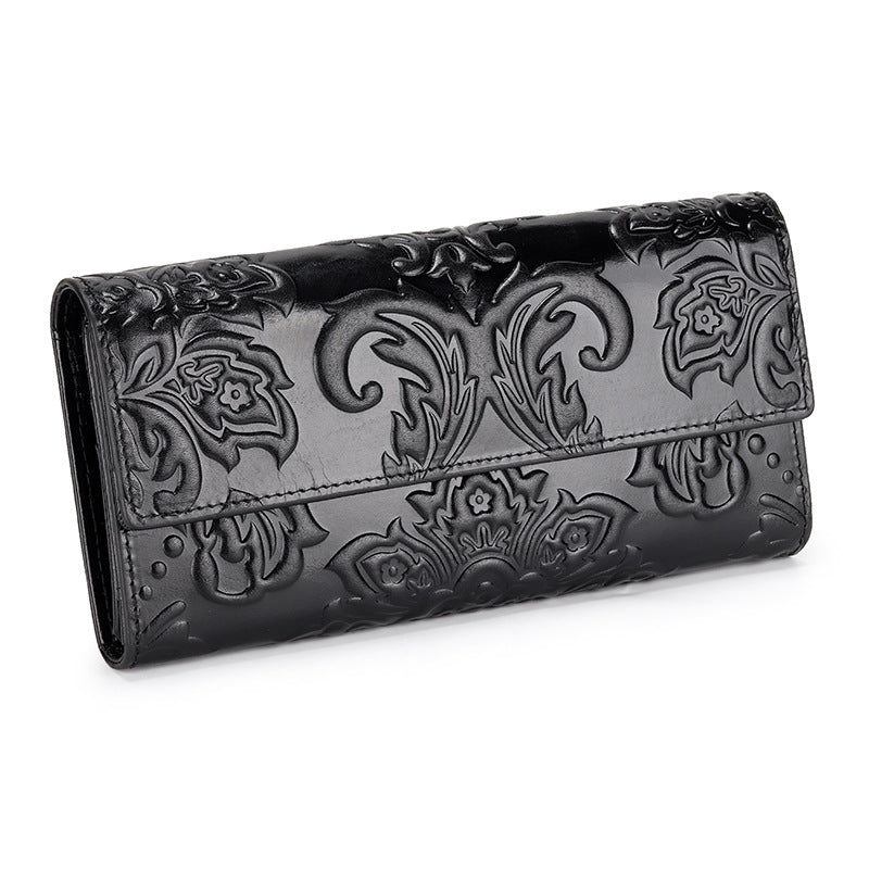 Women's Style Embossed Three Fold Long Inside Outside Full Leather Handbags