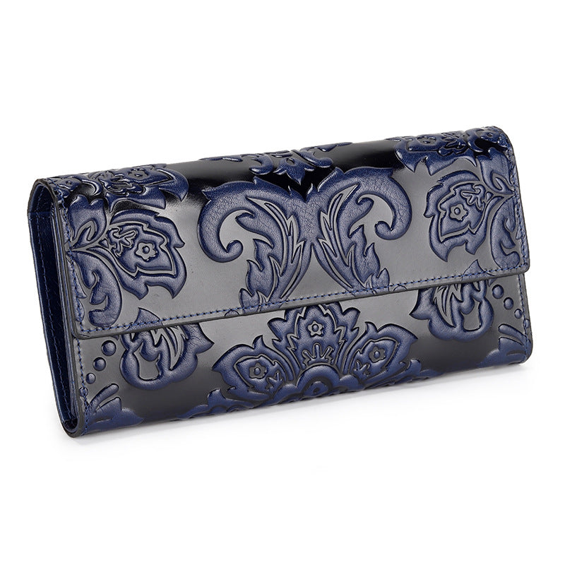 Women's Style Embossed Three Fold Long Inside Outside Full Leather Handbags