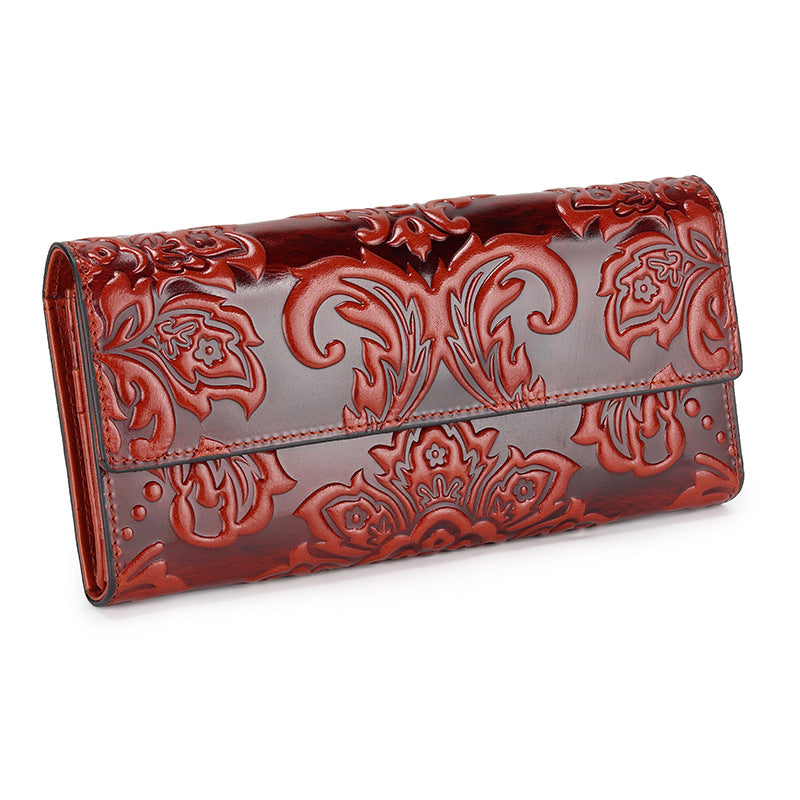 Women's Style Embossed Three Fold Long Inside Outside Full Leather Handbags