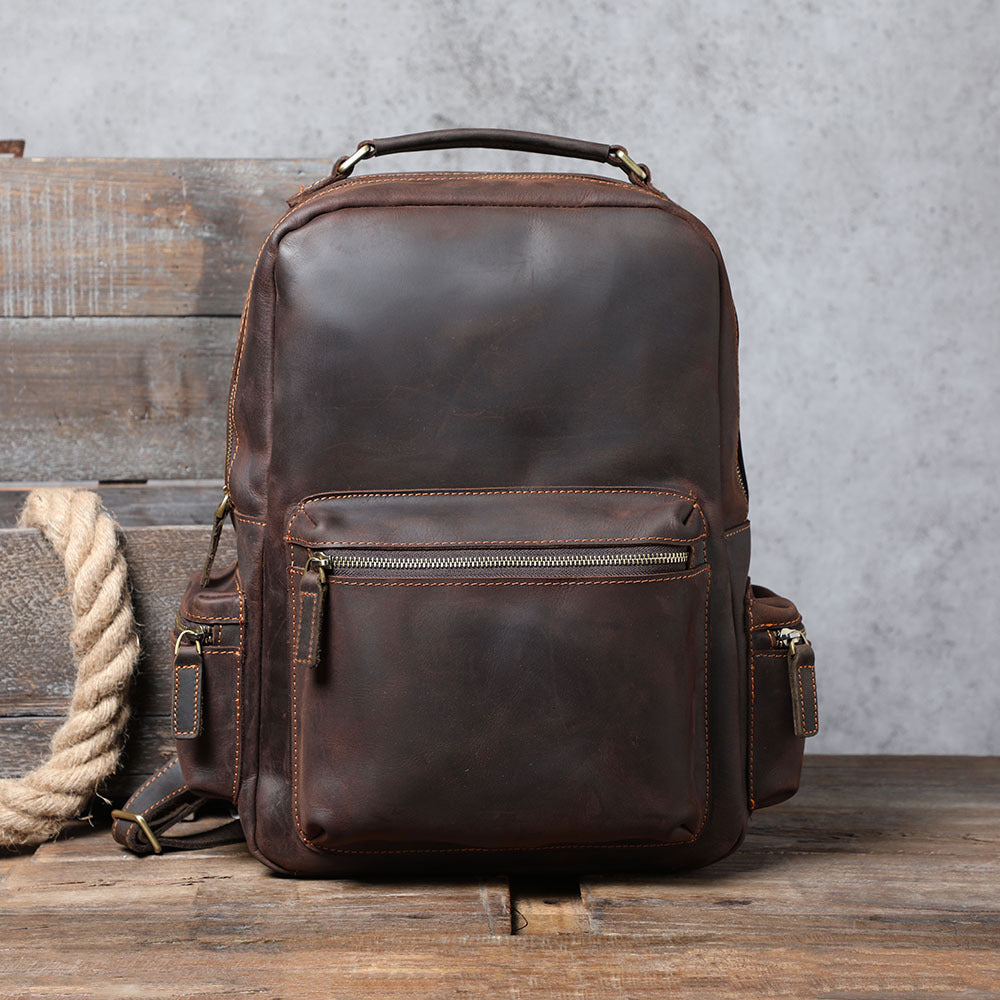 Men's Retro Crazy Horse Leather Handmade Large Backpacks