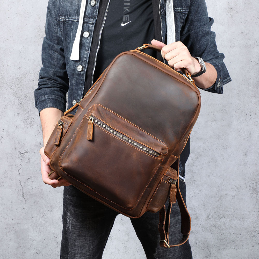 Men's Retro Crazy Horse Leather Handmade Large Backpacks
