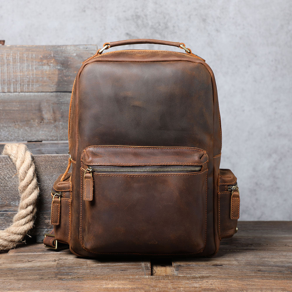 Men's Retro Crazy Horse Leather Handmade Large Backpacks