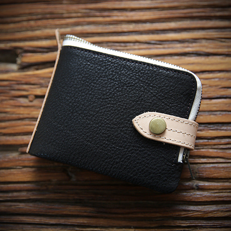 Men's Handmade Retro First Layer Cowhide Short Zipper Men's Wallets