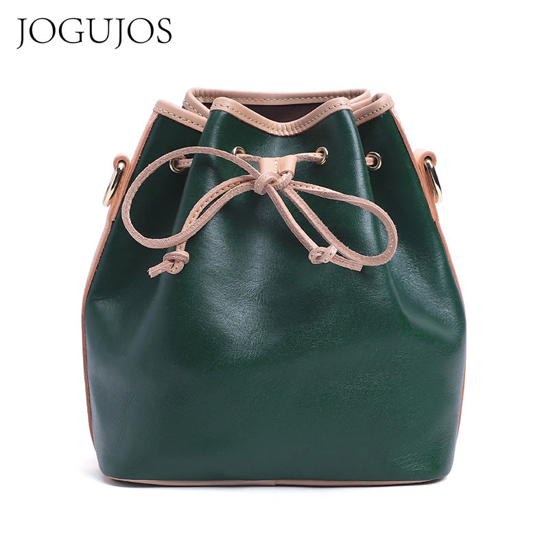 Women's Leather Drawstring Portable For Woman Retro Shoulder Bags