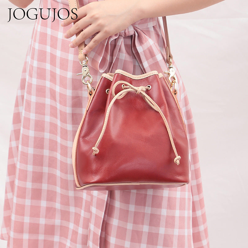 Women's Leather Drawstring Portable For Woman Retro Shoulder Bags