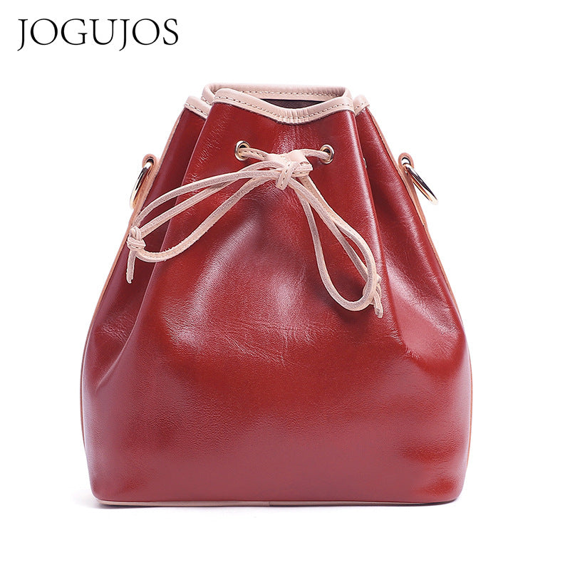 Women's Leather Drawstring Portable For Woman Retro Shoulder Bags