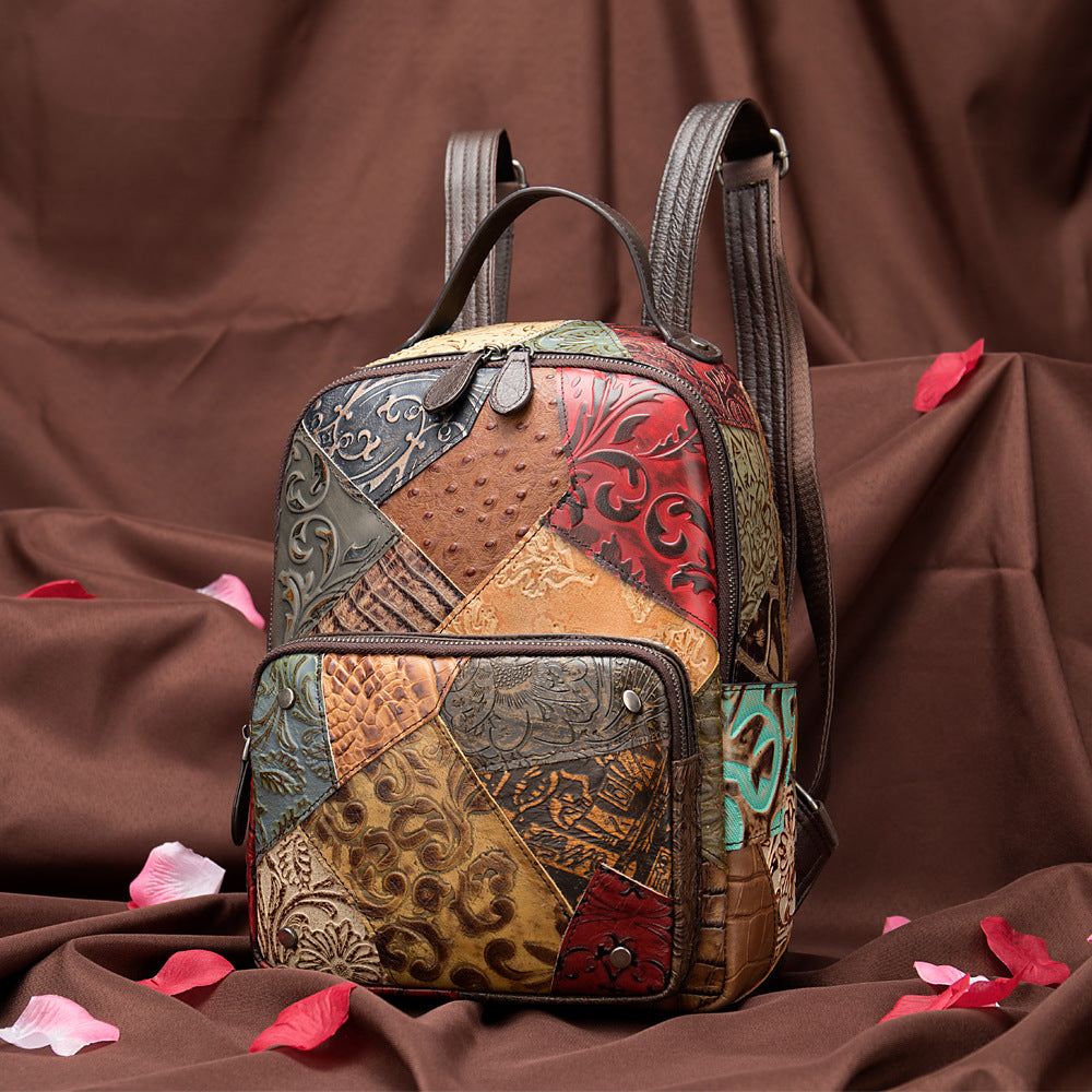 Women's Layer Cowhide Embossed Contrast Color Handmade Genuine Leather Large Backpacks