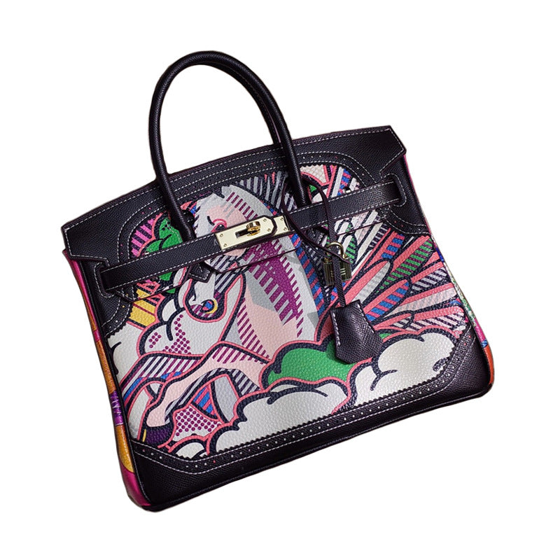 Women's Spoof Cartoon Iti Genuine Leather Contrast Shoulder Bags