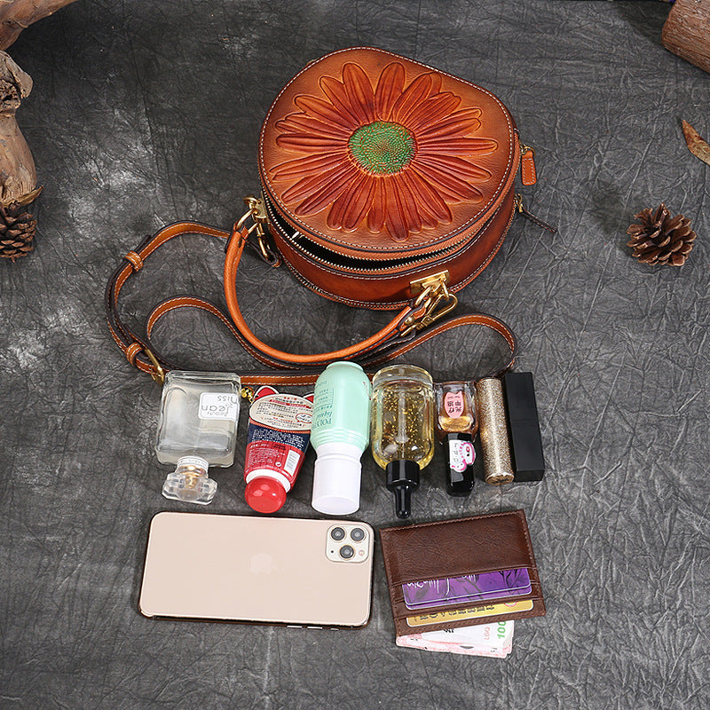 Women's Niche Genuine Leather Retro National Style Round Shoulder Bags
