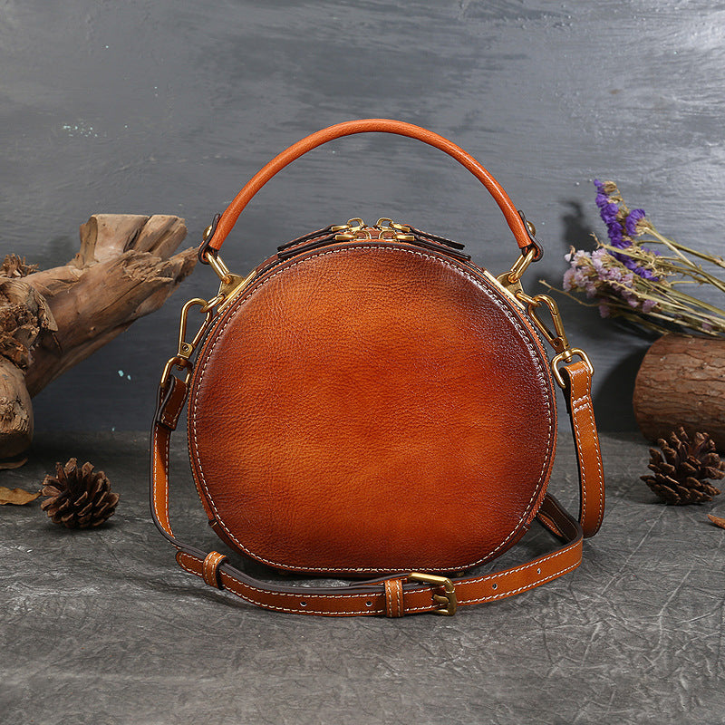 Women's Niche Genuine Leather Retro National Style Round Shoulder Bags