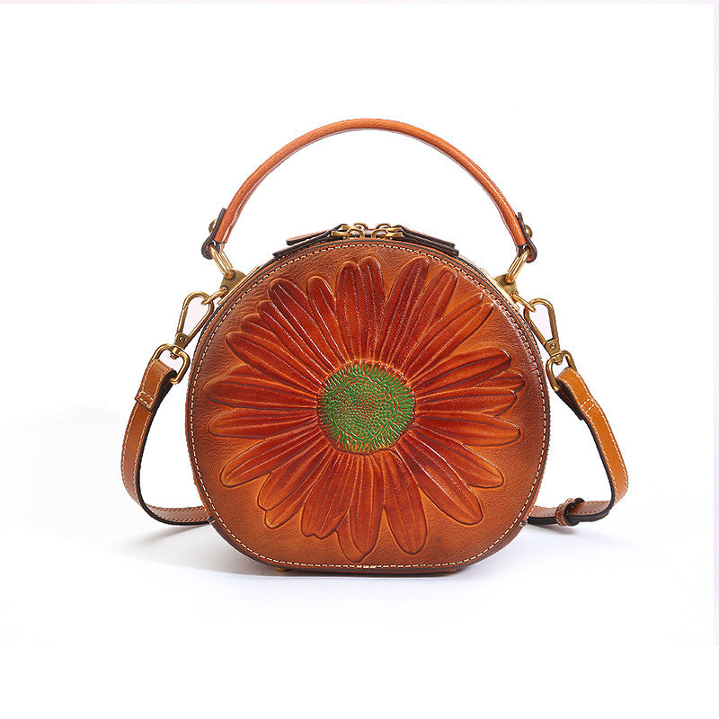 Women's Niche Genuine Leather Retro National Style Round Shoulder Bags