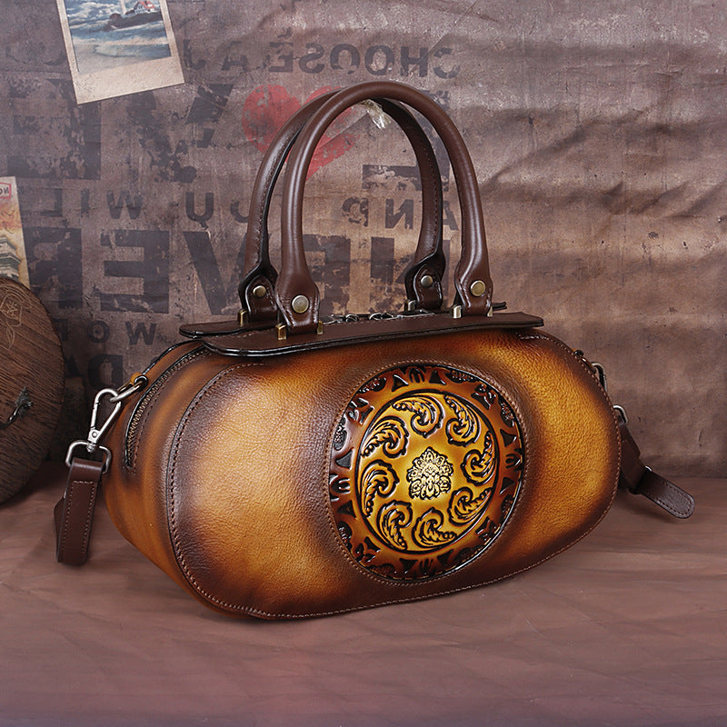 Women's Vintage Leather Embossed Vegetable Tanned Hand-rub Crossbody Bags
