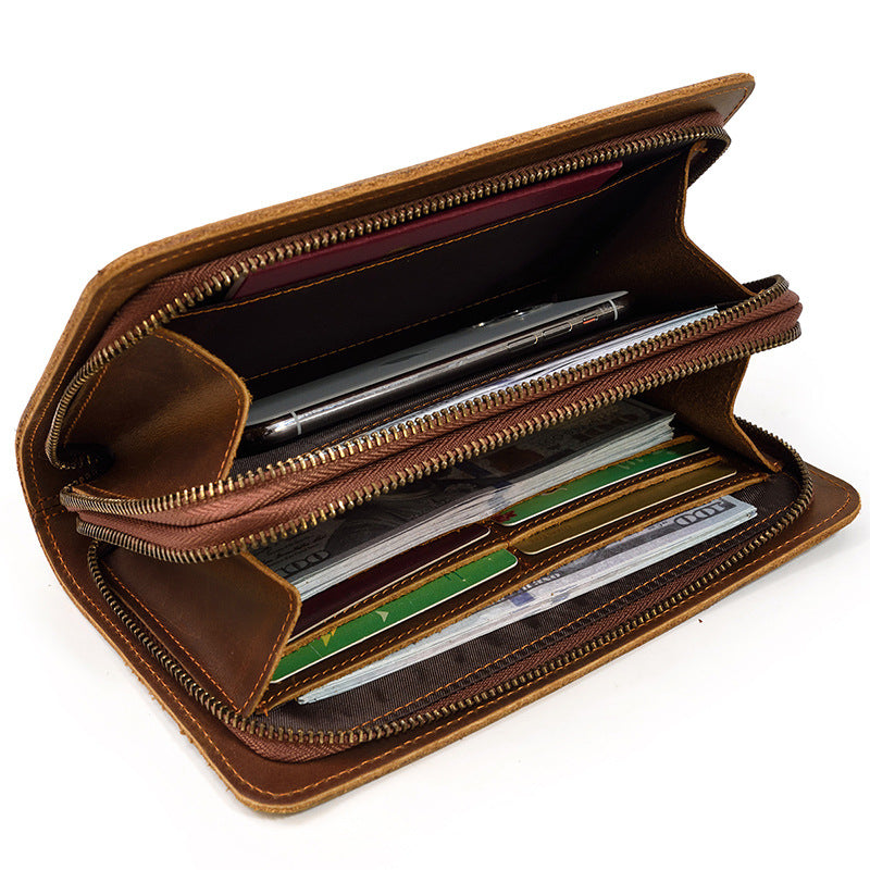 Men's Vintage Crazy Horse Leather Double Layer Zipper Multiple Men's Wallets