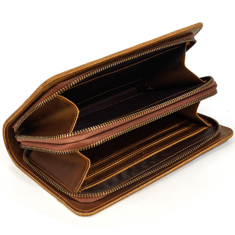 Men's Vintage Crazy Horse Leather Double Layer Zipper Multiple Men's Wallets